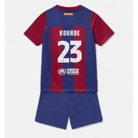 Otroški Nogometni dresi Barcelona Jules Kounde #23 Domači 2023-24 Kratek Rokav (+ Kratke hlače)